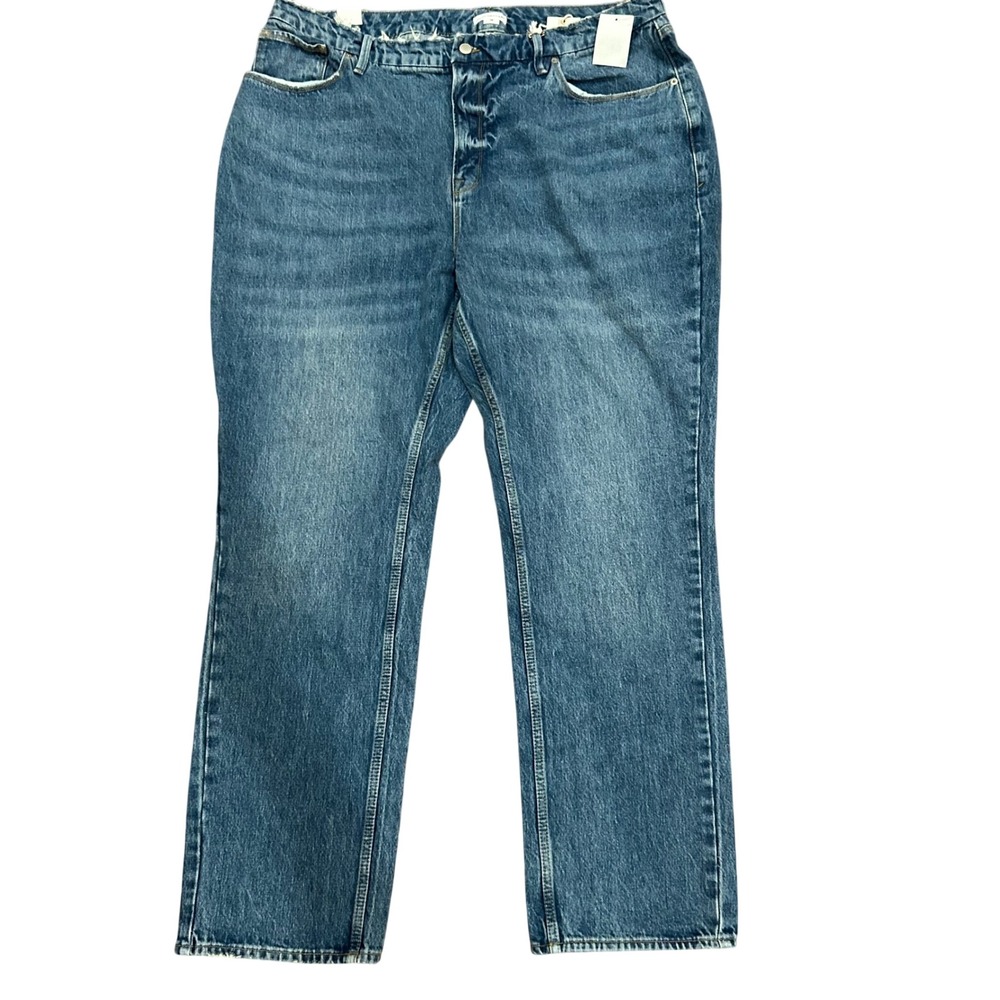 Good American Good 90s Jeans Women Blue Raw Hem Straight Leg GNIC999T Size 18